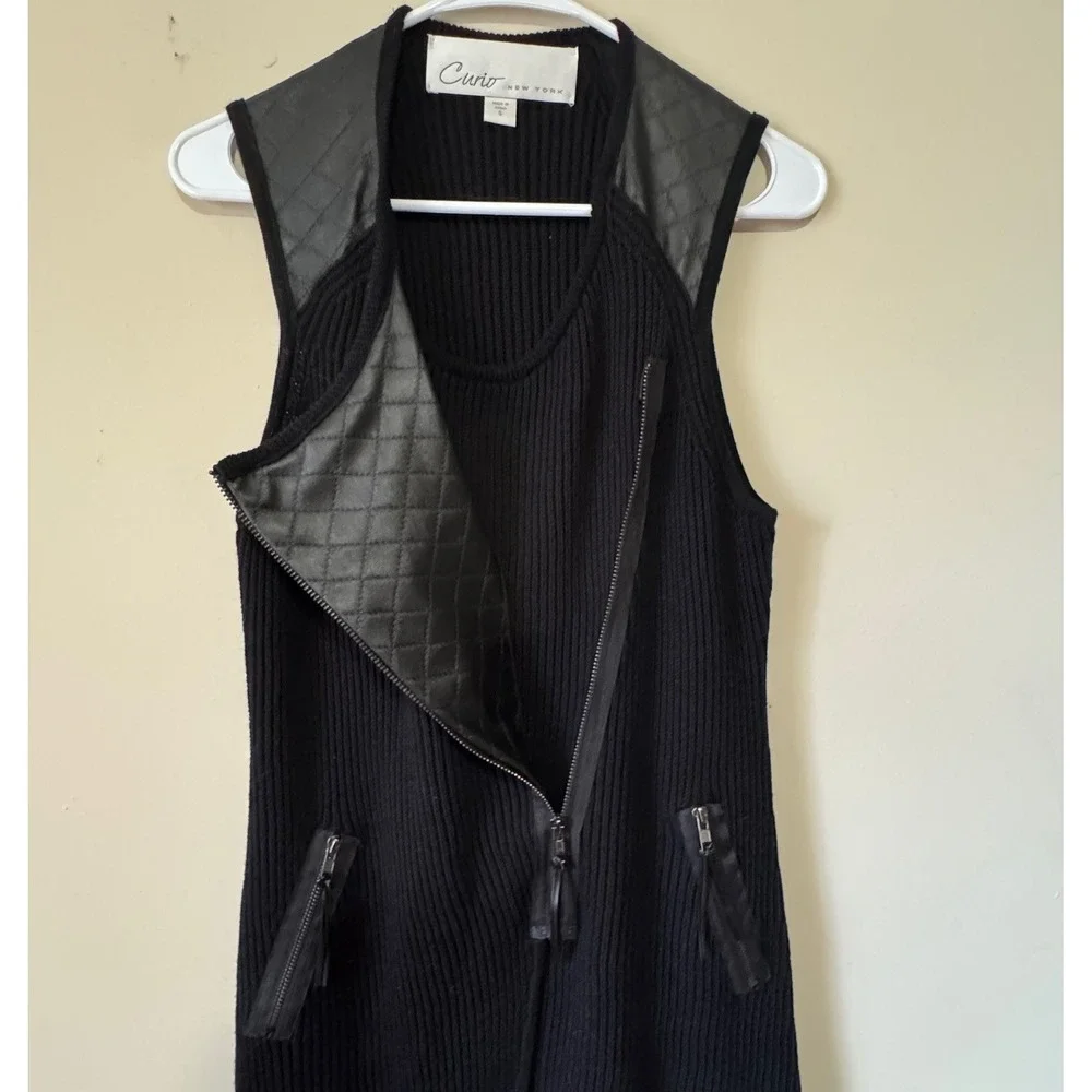 Curio New York Black Asymmetrical Zip Sleeveless Sweater Vest Faux Leather Sz S - Picture 1 of 12